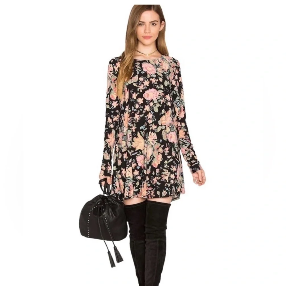 Show Me Your MuMu Tyler Minidress Tunic Black Floral Long Sleeve Dress Knit XS